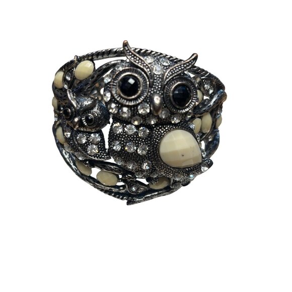 Vintage Silver-Tone Owl Cuff Bracelet With Rhinestones & Ivory Accents - Stateme - Picture 2 of 13